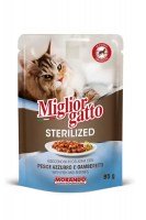 Кусочки Miglior Gatto Sterilized, кусочки в желе (рыба, креветки), 85 г.